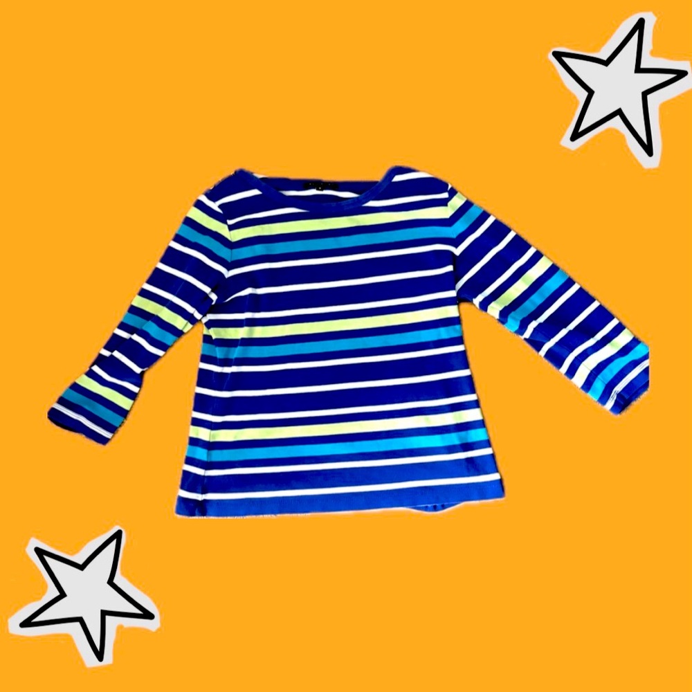 Blue, white, and light green horizontal striped top